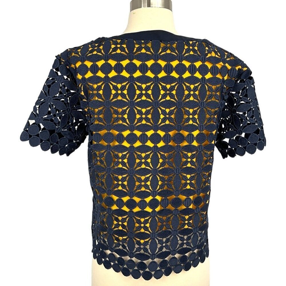 Max Mara Max & Co Size 6 Blouse Broderie Anglaise Navy Gold Short Sleeve V Neck - Picture 7 of 14